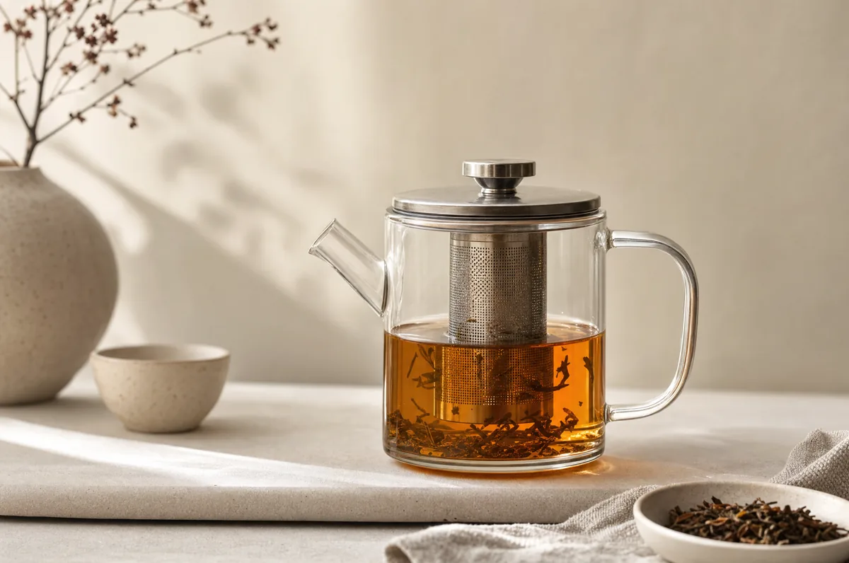 Modern glass teapot and tea service representing product development and sourcing